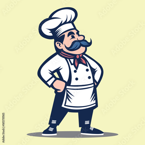 Cartoon chef mascot vector illustration, Smiling mustached cook in classic uniform with toque hat and apron, Friendly culinary character standing proud, Restaurant logo design element