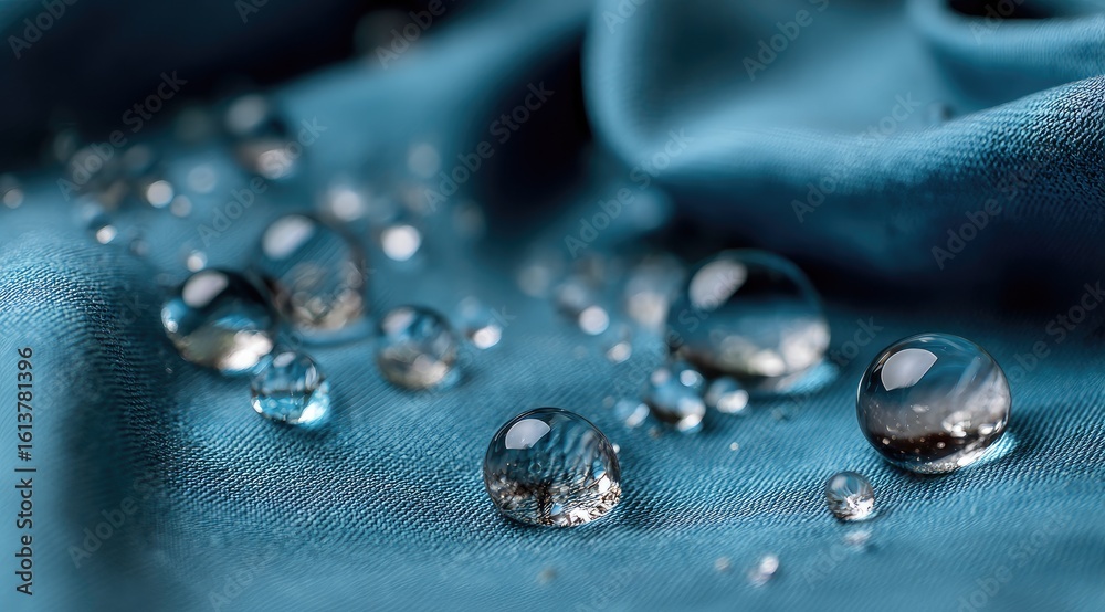Fototapeta premium Water droplets on teal fabric