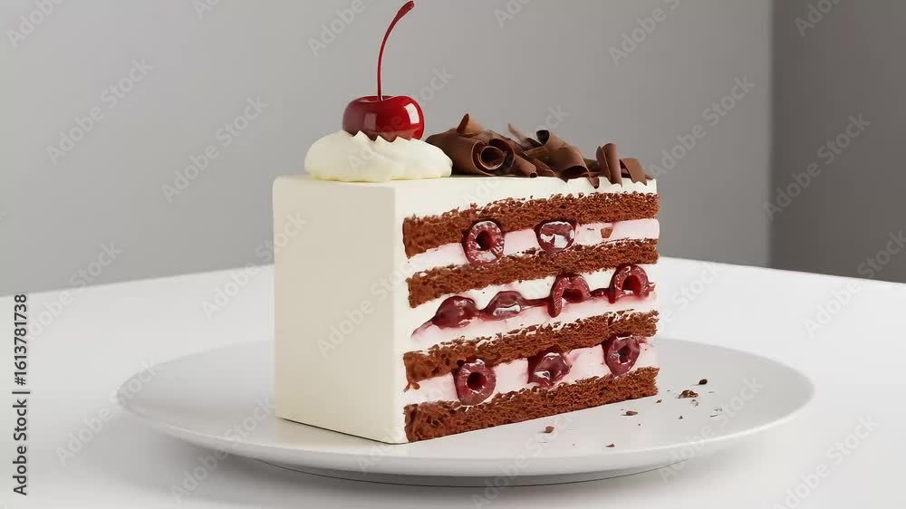A tall slice of Black Forest cake with layers of chocolate sponge, whipped cream, and cherries soaked in Kirsch. Decorated with chocolate shavings and a fresh cherry on top.