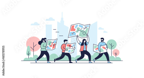 A vector illustration of a team on a city adventure, navigating with maps for a quest.