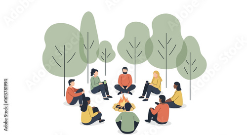 Minimal vector illustration of a diverse group sitting around a campfire in a forest setting