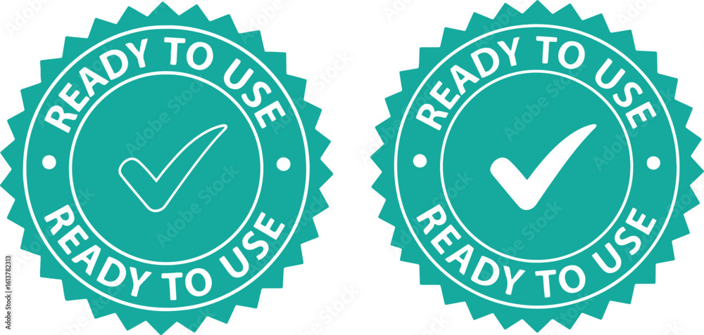 Obraz premium Two Teal Ready To Use Check Mark Badges seal stamp, ready to use, check mark, badge, seal, stamp, approval, verified, confirmed, accepted, passed, success, done, completed, ready, available, go, green
