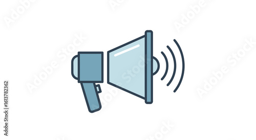 A modern vector icon of a simplified megaphone with sound waves in blue tones on a white background