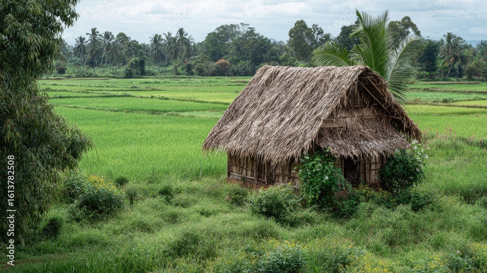 Rustic thatched hut in lush rice paddy field Rustic thatched hut in lush rice paddy field