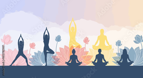 Peaceful Workspace Yoga Silhouettes Meditating Among Lotus Blooms in Pastel Tones