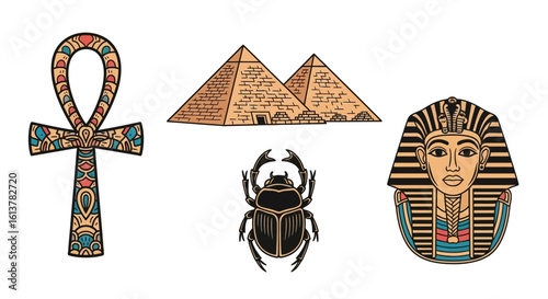 Ancient Egyptian icon set with ankh, Giza pyramids, scarab beetle, and pharaoh mask