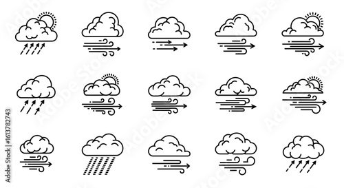 Black and white icon set of weather with cloud shapes, rain, sun, and wind movement lines
