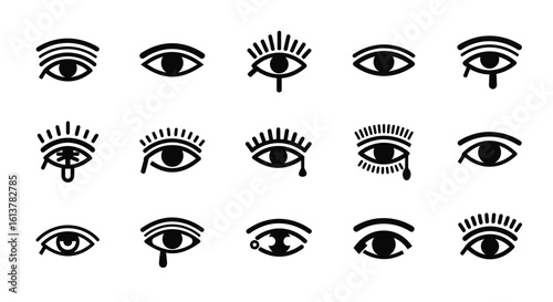A black and white icon set of symbolic and mystical eyes from ancient civilizations.