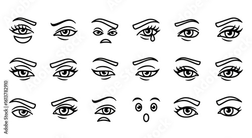 Doodle icons of human eyes and eyebrows showing various emotional expressions and styles