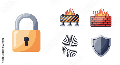 Cybersecurity Icons Padlock, Firewall, Fingerprint, and Shield for Digital Protection