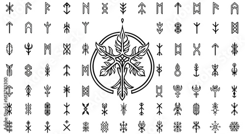 Collection of ancient runes and mystic sigils. Monochrome vector icon set for design.