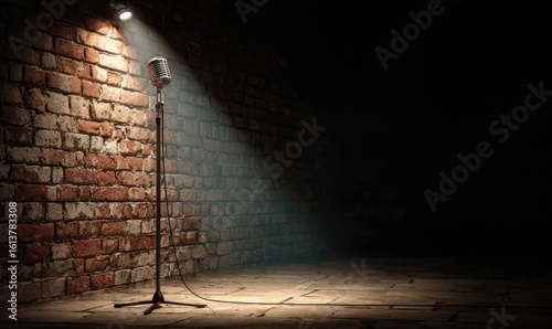 Vintage microphone on a stand illuminated by spotlight in a brick-walled room