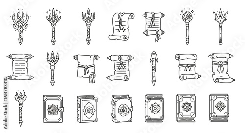 Line art collection of magic icons. Vector set of fantasy staves, ancient scrolls, and spell books.