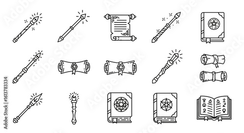 Line art icon set of magical wands, spellbooks, and ancient scrolls. Fantasy vector elements.