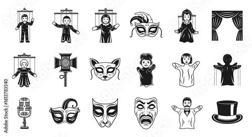 Theater and puppetry glyph icons. Monochrome collection of masks, stage props, and marionettes.