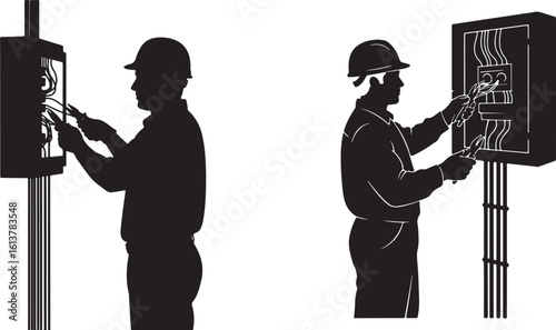 Electrician silhouettes working on electrical panels, electrician, silhouette, worker, hard hat, electrical panel, wires, pliers, maintenance, repair, construction, industry, power, energy, manual lab
