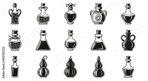 Monochrome vector icons set of fantasy potion bottles in various alchemical shapes