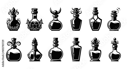 A collection of monochrome vector icons featuring fantasy potion bottles in various shapes
