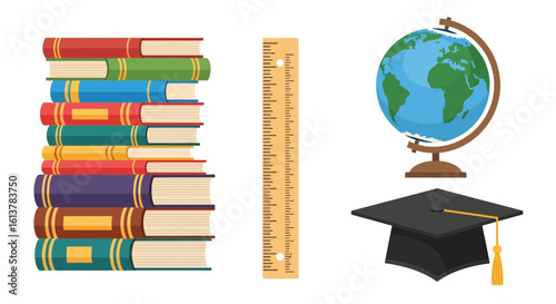 Set of education and learning icons with books, ruler, globe, and graduation cap vector.
