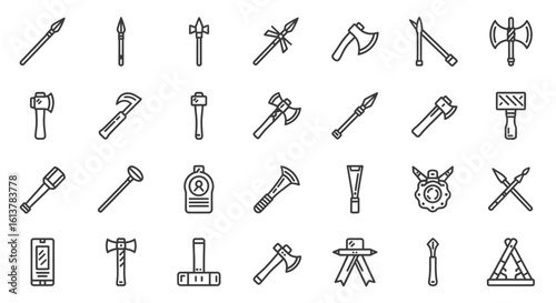Set of black and white vector icons showing ancient tools and weapons like spears, axes, and hammers.