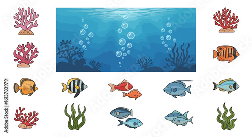 Underwater wildlife icon set with coral, seaweed, and tropical fish in a flat vector style
