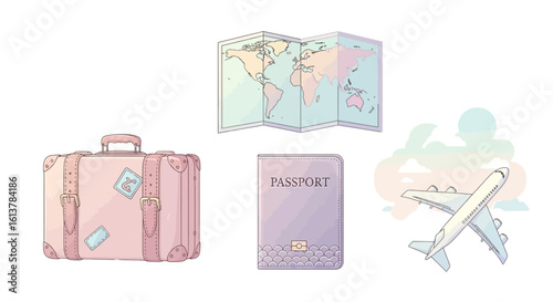 Vector travel icons including suitcase, world map, passport, and airplane in soft pastels