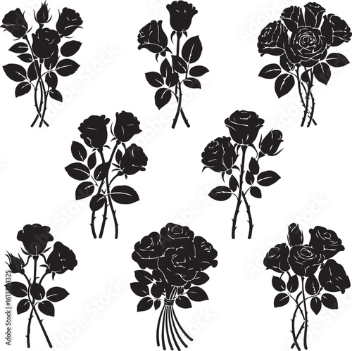 Black rose silhouettes with leaves and thorns white