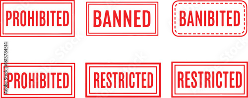 Red Prohibited Banned Restricted Stamp Graphics vector, prohibited, banned, restricted, stamp, red, text, word, sign, symbol, graphic, illustration, no, forbidden, warning, alert, stop, denial, reject