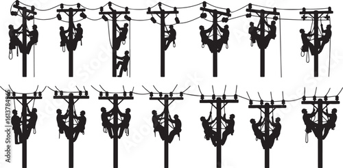 Silhouette linemen working on utility poles with power lines, lineman, electrician, power line worker, utility pole, electricity, power lines, high voltage, working at height, climbing, safety harness