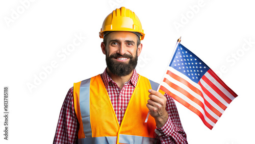 Construction worker holding american flag isolated on black background isolated on white background isolated on transparent background