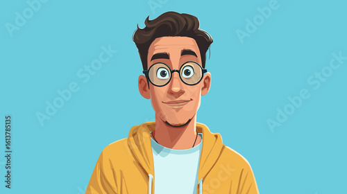Young man smiling in yellow hoodie with glasses on blue background  