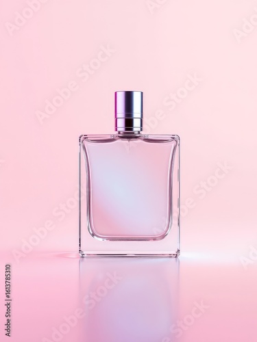A minimalist glass fragrance bottle with a sleek metallic cap sits gracefully on a reflective surface against a soft, luminous pink backdrop.