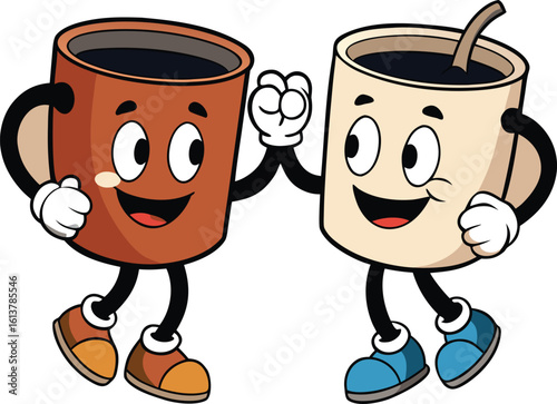 Coffee Cups' Joyful Toast: Two animated coffee cups, brimming with cheerful enthusiasm, give each other a high five, celebrating the shared enjoyment of the moment.