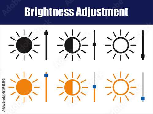 Brightness Adjustment Icons with Sun and Sliders – Light Control Symbols for Display Settings and UI.