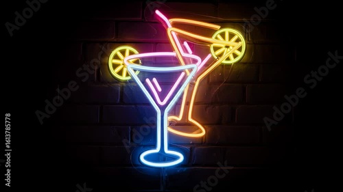 Bright neon cocktail glass sign glowing in the dark at a bar or lounge