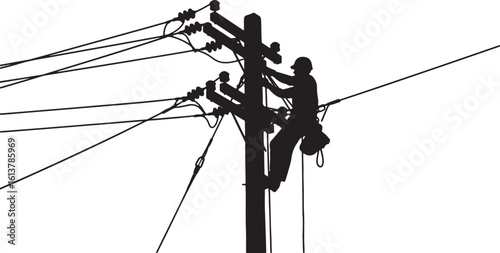 Silhouette of lineman working on power lines against white background, lineman, electrician, power line, utility worker, silhouette, working, climbing, pole, electricity, energy, high voltage, transmi