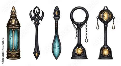 Mystical artifacts: a collection of glowing fantasy objects and devices.