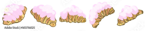 Cute Croissant with Pink Whipped Cream Topping in Hand-Drawn Pastel Style Illustration