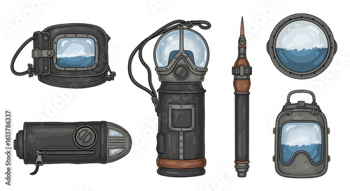 Steampunk underwater diving equipment collection set isolated illustration art