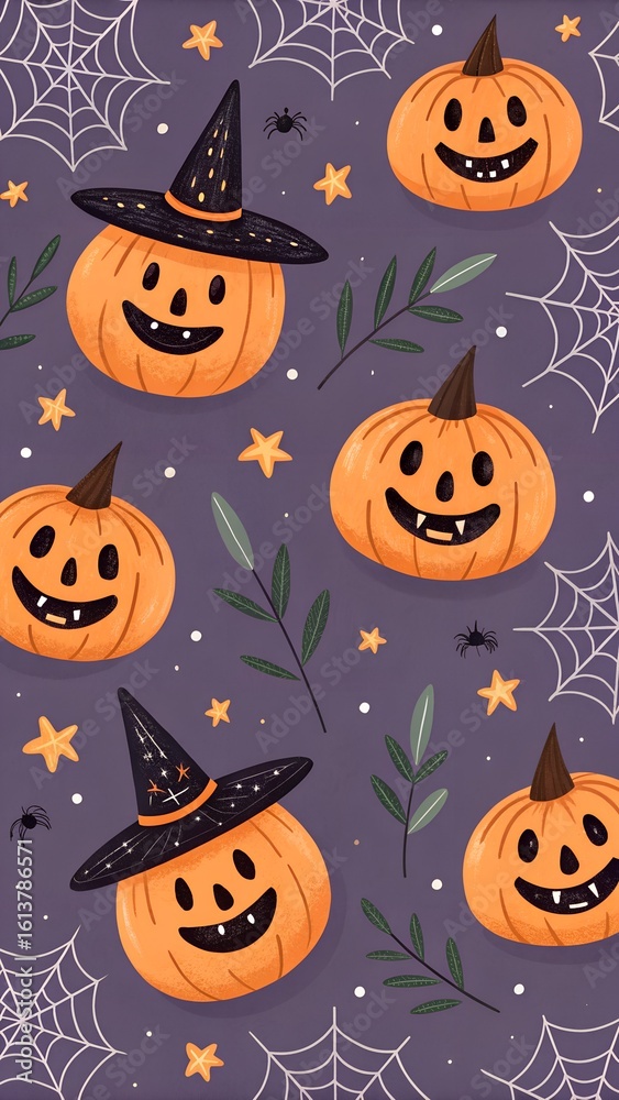 A vibrant Halloween seamless pattern displays cheerful orange pumpkins with witch hats on a purple background with spiders, webs, and twinkling stars. A vibrant Halloween seamless pattern displays cheerful orange pumpkins with witch hats on a purple background with spiders, webs, and twinkling stars.