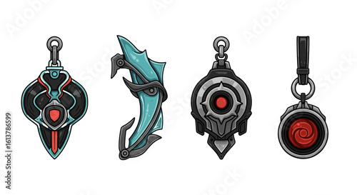 Mystical ancient amulets with abstract shapes, glowing centers, displayed isolated.