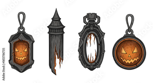 Spooky Jack O' Lantern pendants shining brightly for Halloween night.