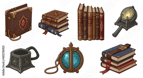 Set of fantasy items: books, mug, lantern and amulet