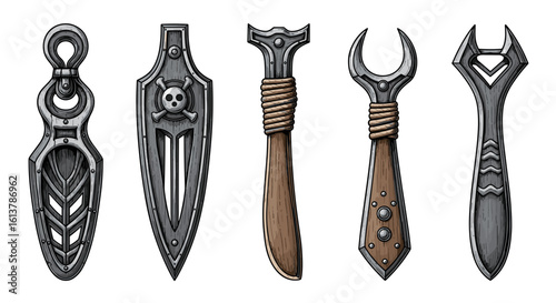 Ancient fantasy weapons illustrations on white background, detailed and creative