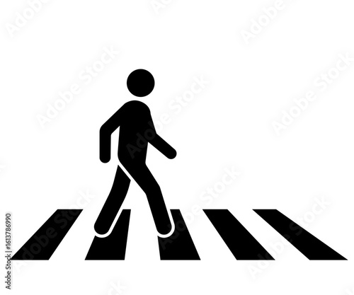 Black icon depicting a pedestrian walking across a crosswalk or zebra crossing. Vector design ideal for traffic signs, urban planning, safety guidelines, transportation interfaces. Man crossign road