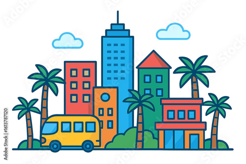 Colored vector illustration of India's old and new architecture, featuring the Gateway in New Delhi, a skyscraper, tuk-tuk taxi car, palm tree, and elephant, symbolizing summer vacation and tourism