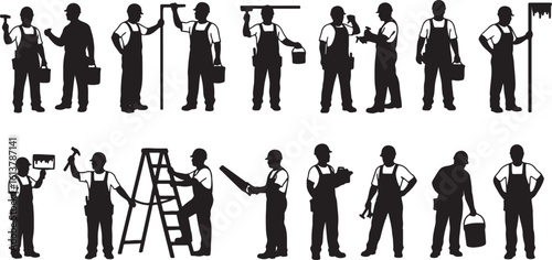 Silhouettes of construction workers with tools and equipment, construction worker, builder, handyman, silhouette, worker, man, male, person, people, uniform, overalls, hard hat, helmet, tools, hammer,