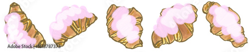 Cute Croissant with Pink Whipped Cream Topping in Hand-Drawn Pastel Style Illustration