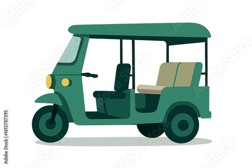 A flat cartoon illustration of Asian public transport, specifically a vector tuk tuk