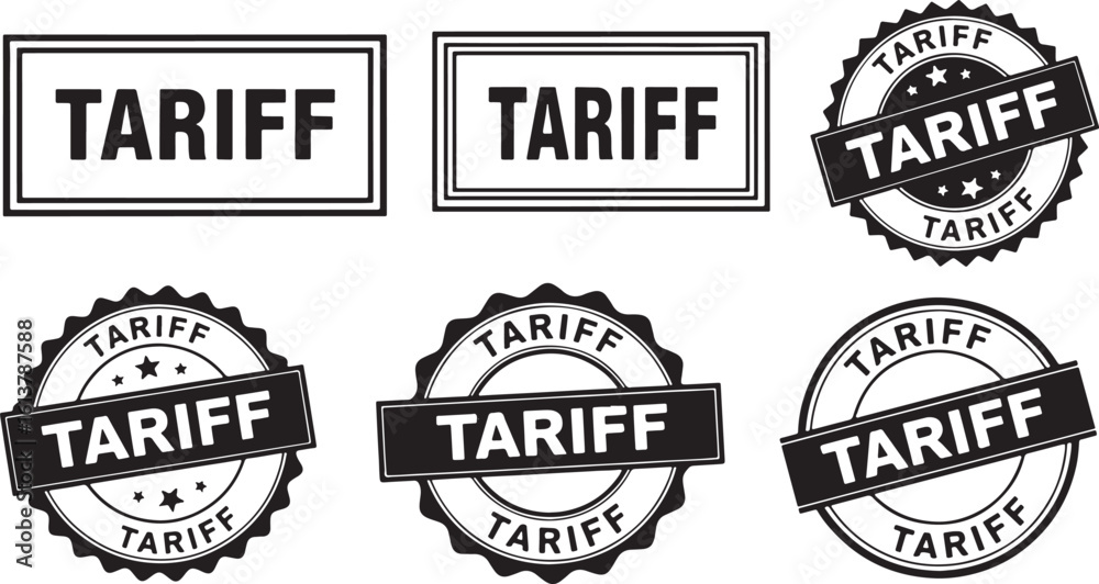 Fototapeta premium Six black and white tariff stamps and seals import, tariff, stamp, seal, tax, import, export, customs, duty, trade, finance, economics, government, regulation, policy, business, commercial, official, 